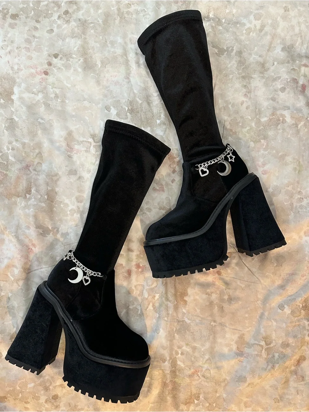 Dolls Kill Black Velvet Platform Knee-High Boots with Silver Charm Chain